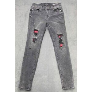 Judy Blue Skinny Fit Jeans Womens 7/28 Black‎ Distressed Buffalo Plaid Patch Hem